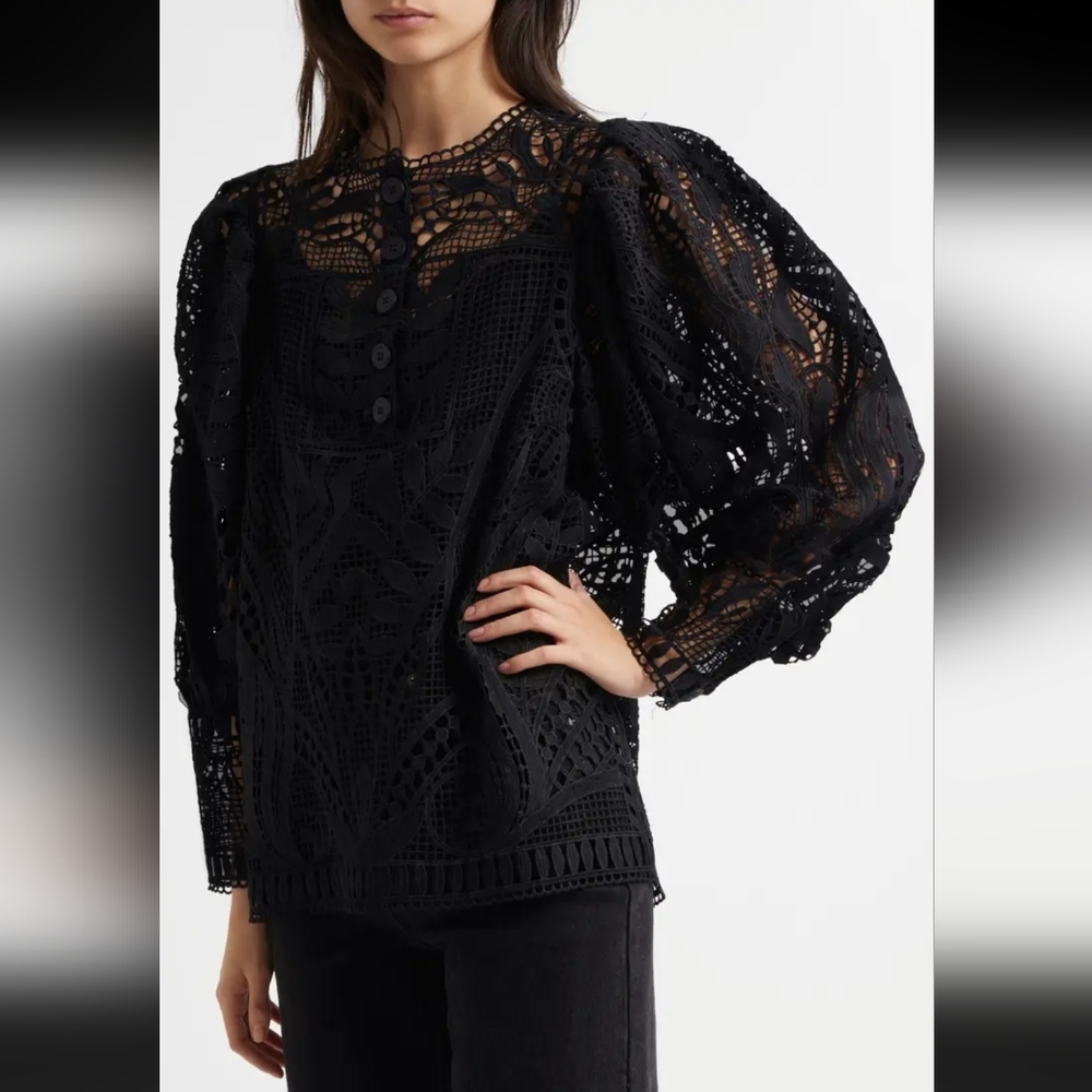 NWOT FARM RIO GUIPURE LACE PUFF-SLEEVE BLOUSE,  SZ:XXS